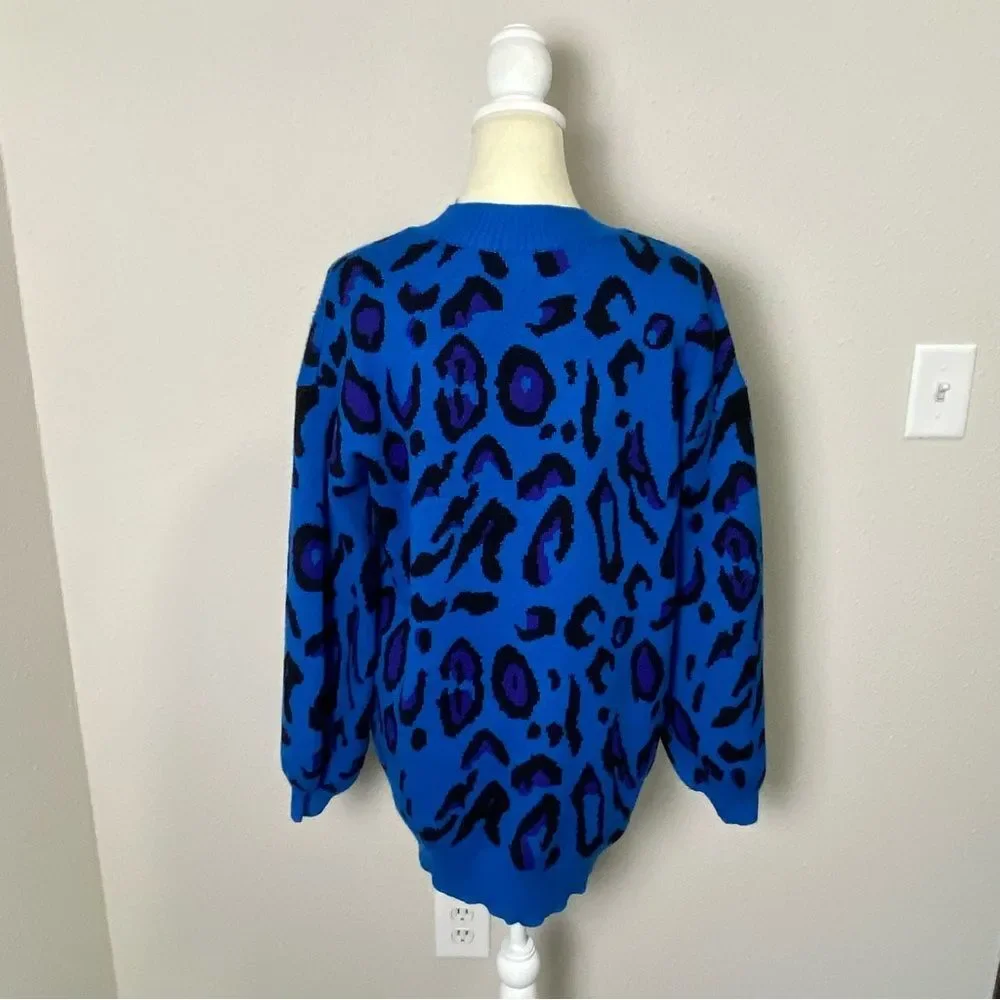 Sugar Lips Blue Animal Print Oversized Long Knit Cardigan Women's Size Medium